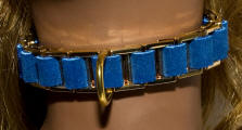 close up of gold and blue threaded loop collar